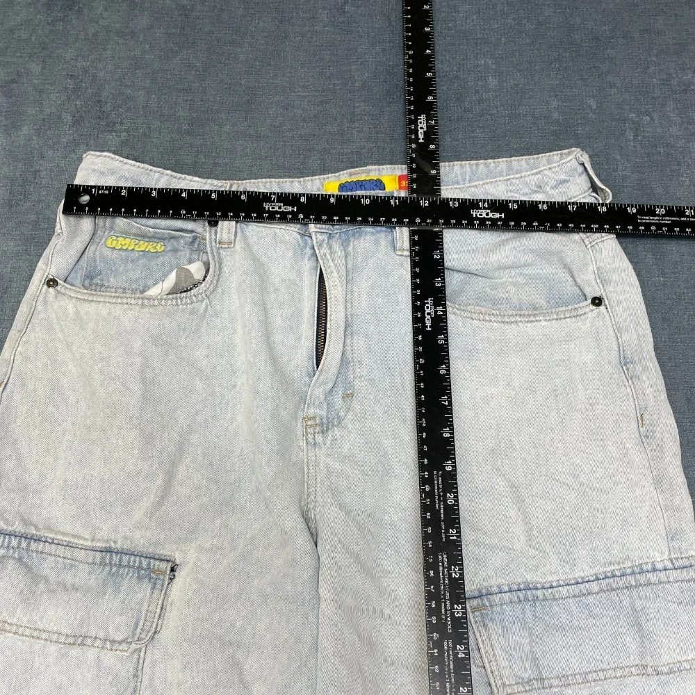 Empyre Loose Fit Cargo Jeans Mens 32 Blue Denim Flat Front Pockets Embroidered